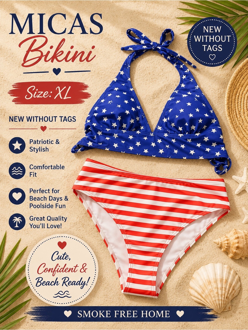 Micas Patriotic Blue and White Stars/Striped Red & White Bikini NWOT XL